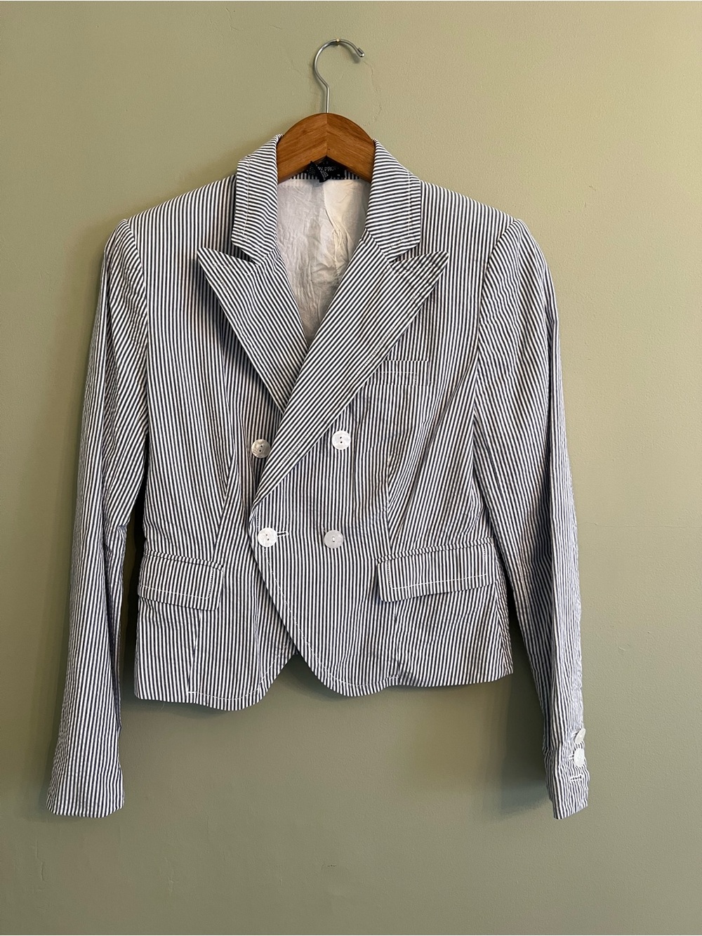 Boston Proper Navy and White Striped Cotton Blazer